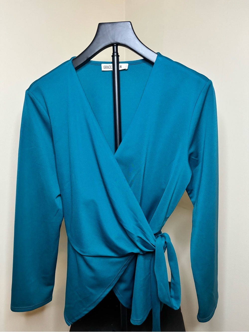 Grace Karin Teal Wrap V-Neck Long Sleeve Blouse - Picture 2 of 5